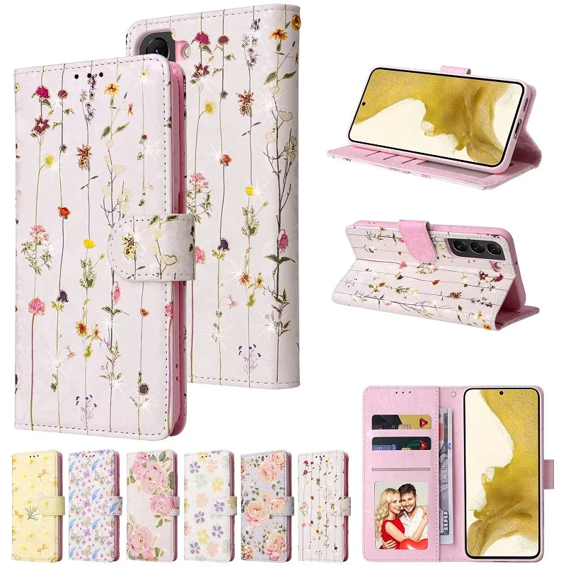Magnetic Flip Printed Flower Phone Cover For Samsung Galaxy A55 A24 A54 A34 A04 A14 A53 A13 M13 A52 A32 A22 A12 A51 With Lanyard