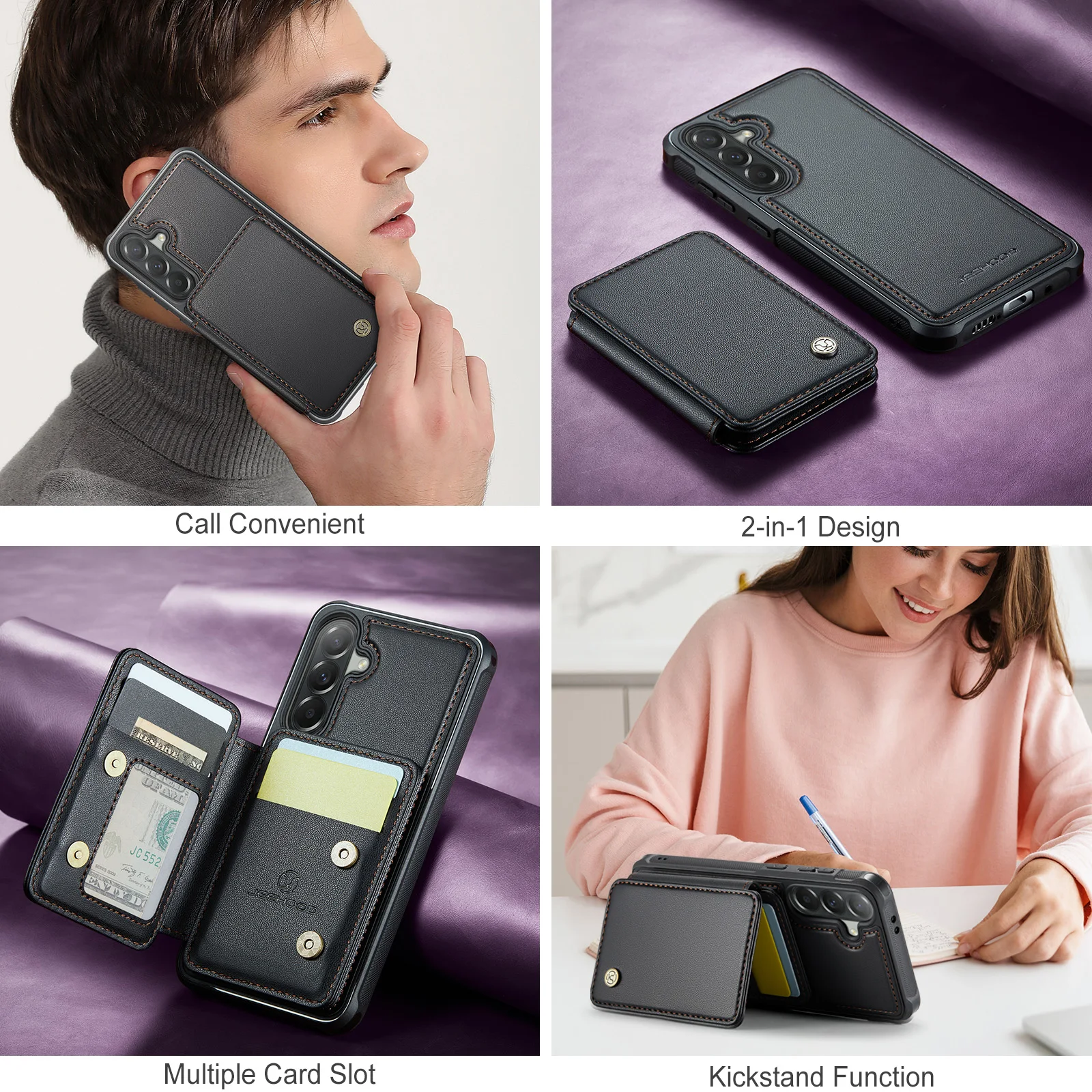 J05 For Samsung Galaxy A57 5G Magnetic Wireless Charge Wallet Case, 2 in 1 Detachable Leather Card Holder Shockproof Phone Cover