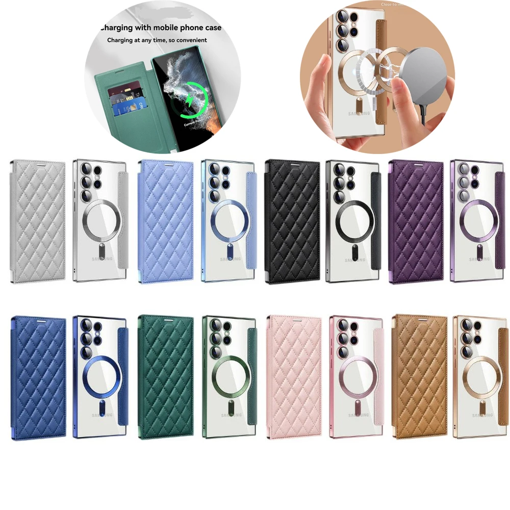 Solid Color Flip Leather Phone Case For Samsung Galaxy S25 Ultra S24 S23 S22 A35 A55 A36 A15 A16 A06 A05s With Wireless Charging