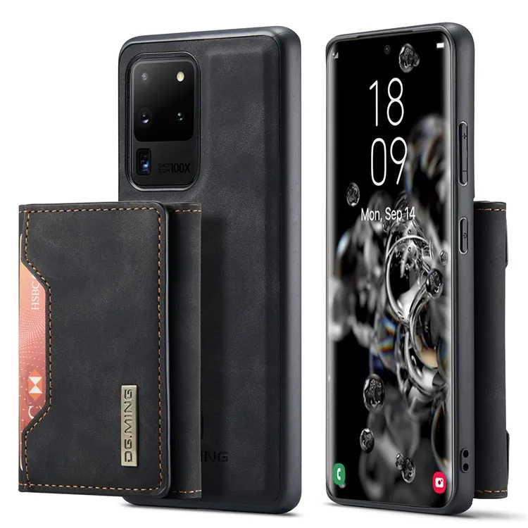 DG.MING M2 Series Tri-Fold Wallet Kickstand Design Magnetic Detachable Wireless Charging Hybrid Case for Samsung Galaxy S20 Ultr