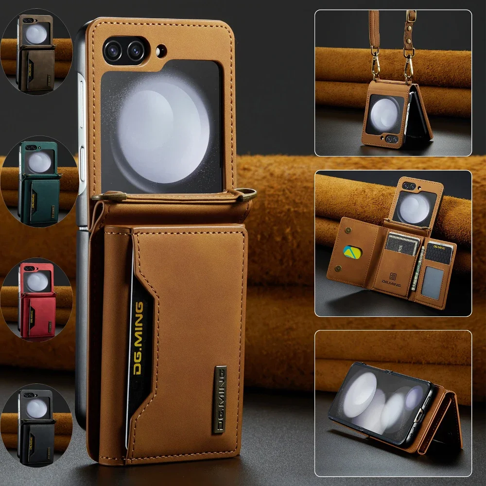 Magnetic Leather Wallet Card Case Phone Cover for Samsung Galaxy Z Flip6/Z Flip5/Z Flip4/Z Flip3 With Adjustable Shoulder Strap