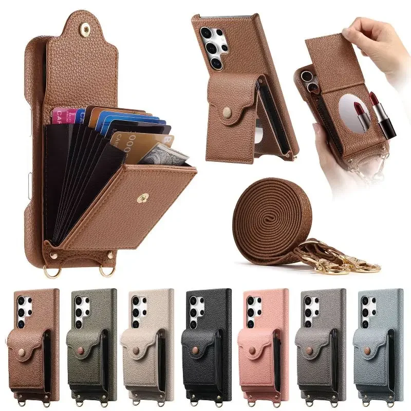 Vertical Flip Card Wallet Case For Samsung Galaxy S25 S24 A06 A05 A14 A16 A25 A26 A35 A36 A55 A56 With Mirror and Shoulder Strap