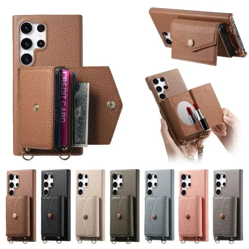 Magnetic Button Card Wallet Case With Mirror For Samsung GalaxyS25 S24 A06 A04 A15 A26 A24 A34 A54 A56 Adjustable Shoulder Strap