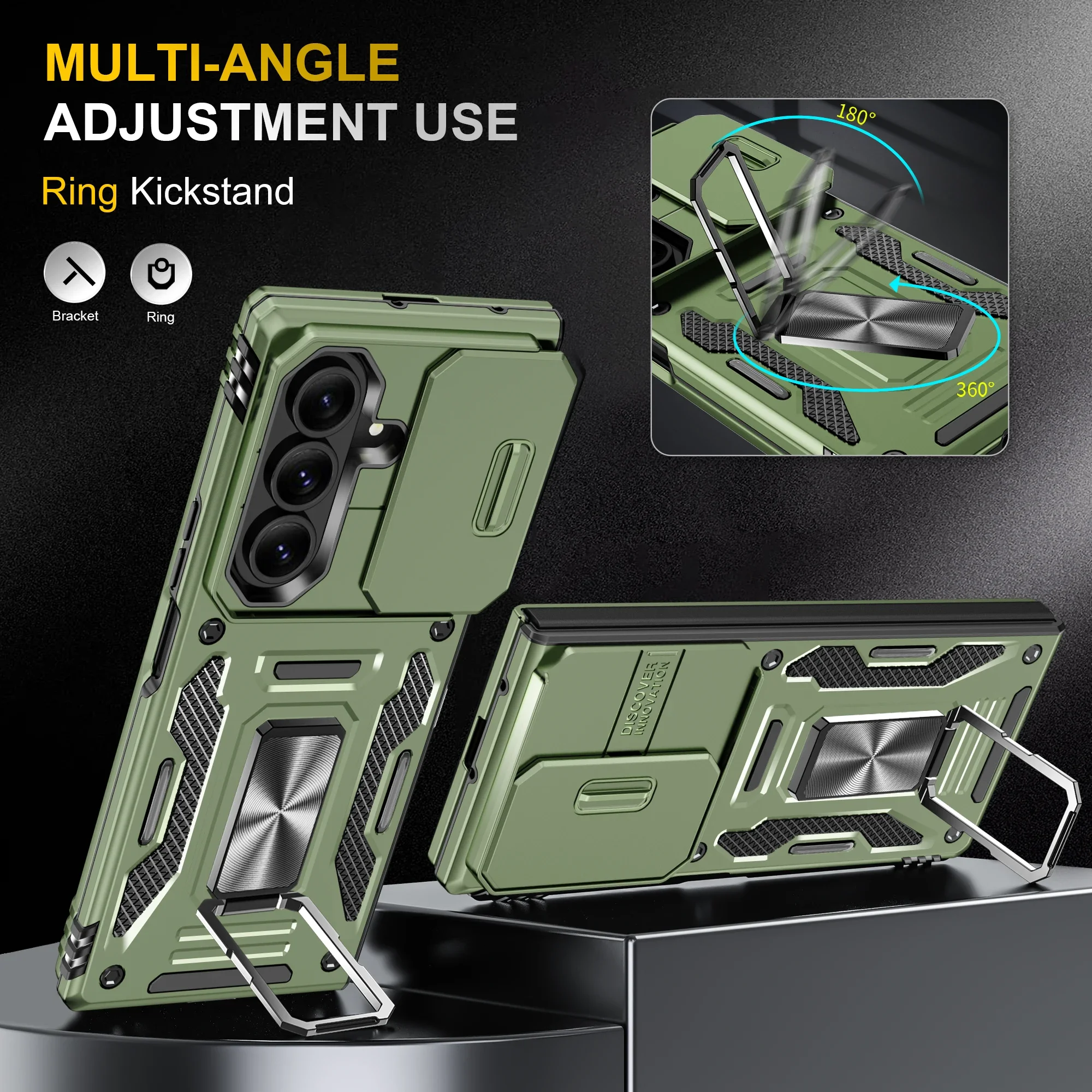 Push Window Camera Protector Case For Samsung Galaxy Z Fold 7 6 with Adjustable Invisible Metal Bracket Armor Hybrid Ring Cover
