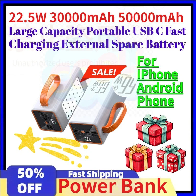 22.5W 30000mAh 50000mAh Power Bank Large Capacity Portable USB C Fast Charging External Spare Battery for IPhone Android Phone
