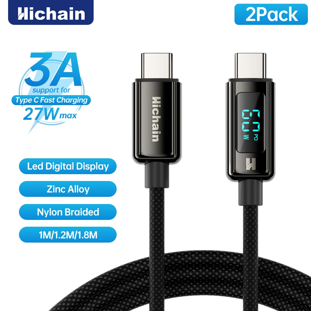 Hichain 2pack 3A PD60W USB C Fast Charging Cable With LED Digital Display For iPhone15/16 Tablets ForHuawei ForXiaomi ForSamsung