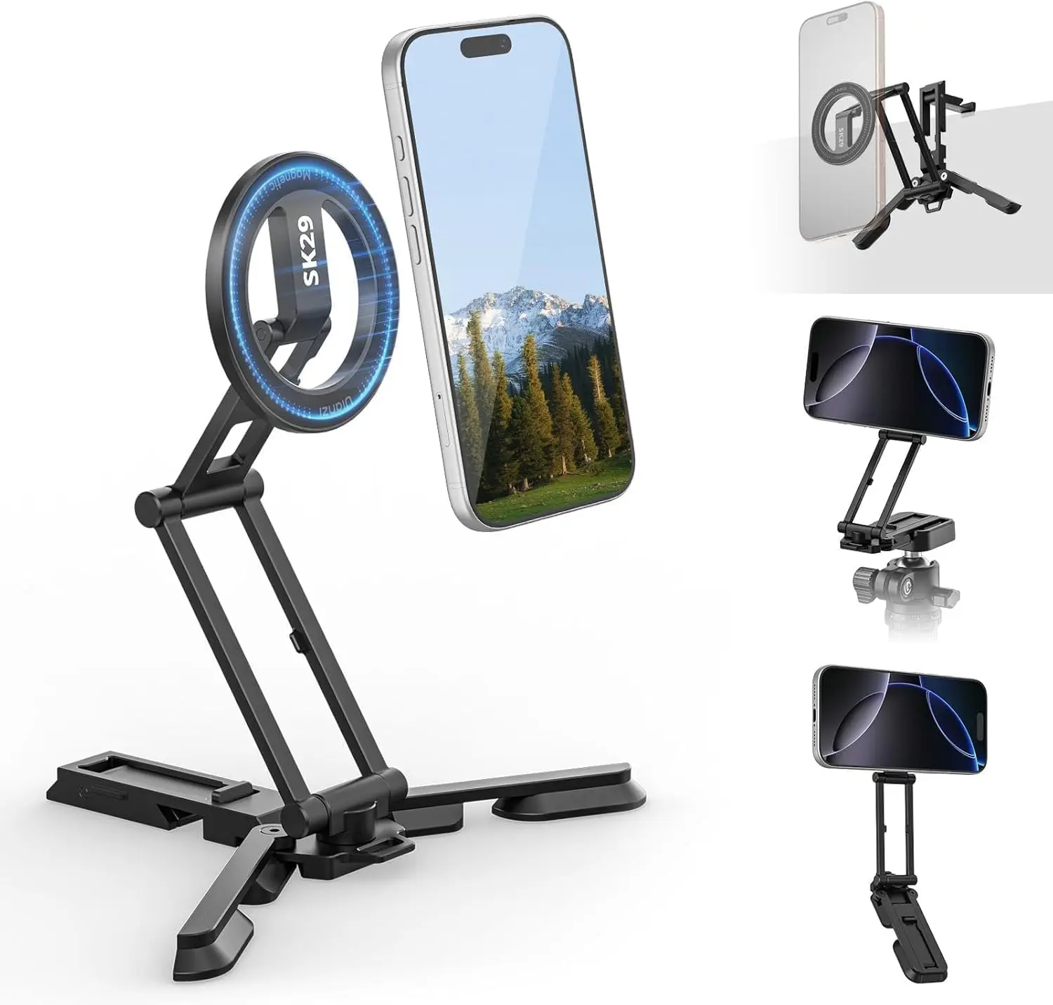 SK29 Magnetic Phone Tripod, Foldable Mini Tripod Mount with MagSafe Phone Holder, Aluminium Cell Phone Stand with 1/4”,