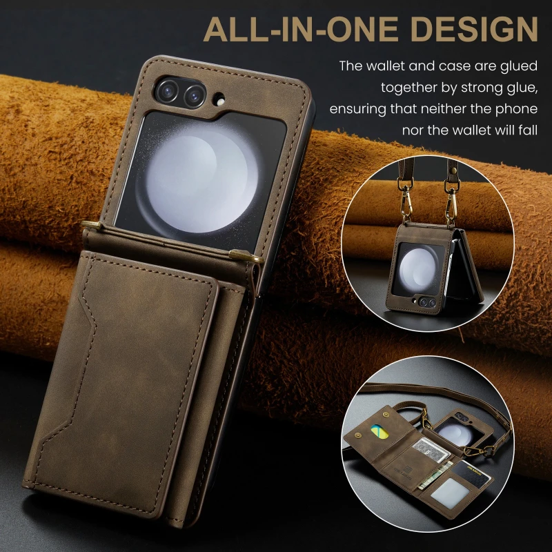 Magnetic Leather Wallet Card Slot Phone Case Stand Cover Back Bag with Shoulder Strap for Samsung Galaxy Z Flip 6 5 4 3