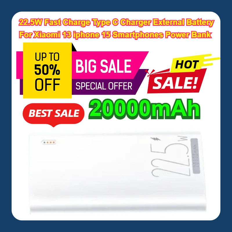 22.5W Fast Charge  Type C Charger External Battery For Xiaomi 13 iphone 15 Smartphones 20000mAh Power Bank