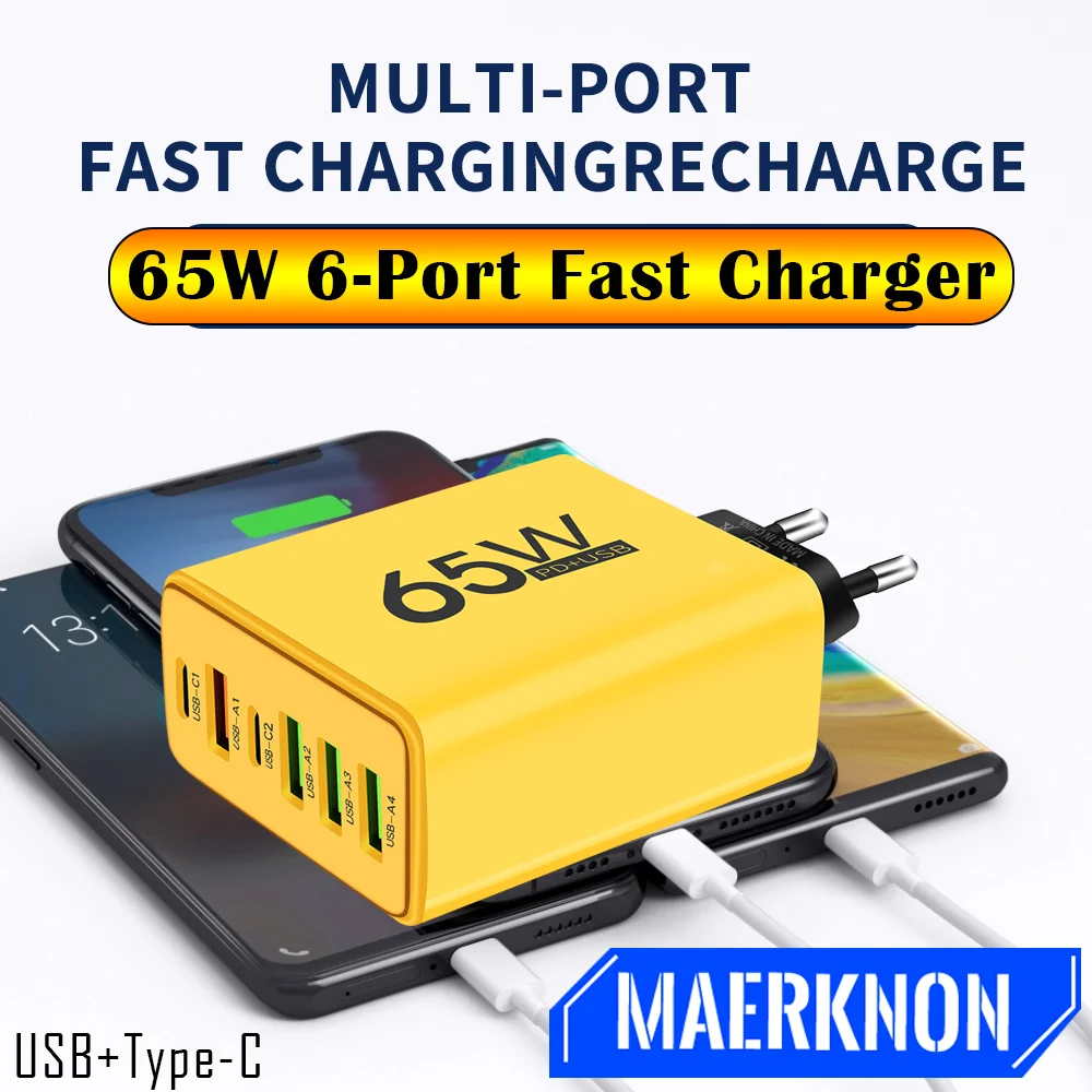 Multiple 6 Ports Mobile Phone Fast Charging Total 65W USB/PD Smartphone Wall Charger EU/US Plug For iPhone Samsung Xiaomi Huawei