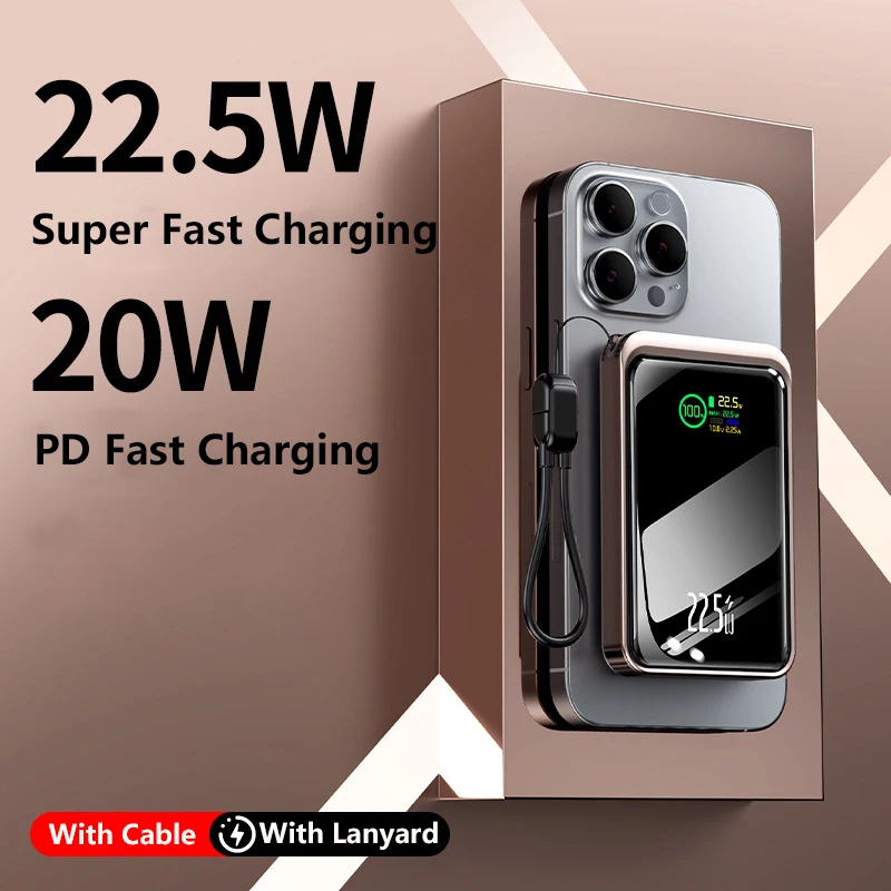 20000mAh Mini Power Bank with Cable External Battery 22.5W Fast Charging Portable Charger for iPhone 17 Samsung Xiaomi Powerbank