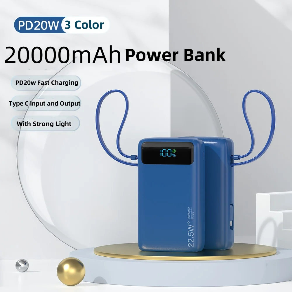 Power Bank 20000mAh 22.5W Fast Charging Powerbank with Light Cable for iPhone Xiaomi Samsung Portable Charger External Battery