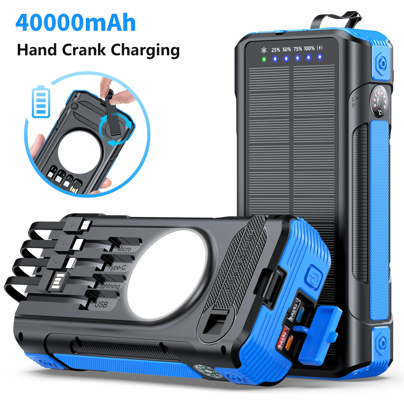 Hand Crank Charging Solar Power Bank 40000mAh with Cable Camping Light Compass Fast Charging Powerbank for iPhone Xiaomi Samsung
