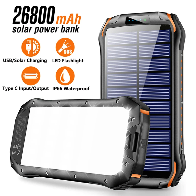 26800mAh Waterproof Solar Power Bank 3.1A Fast Charging External Battery Powerbank with Camping Light For Xiaomi iPhone Samsung