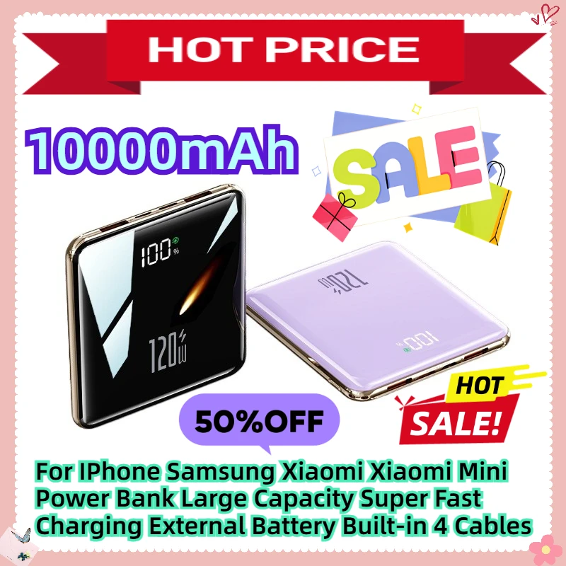 For IPhone Samsung Xiaomi Xiaomi 10000mAh Mini Power Bank Large Capacity Super Fast Charging External Battery Built-in 4 Cables