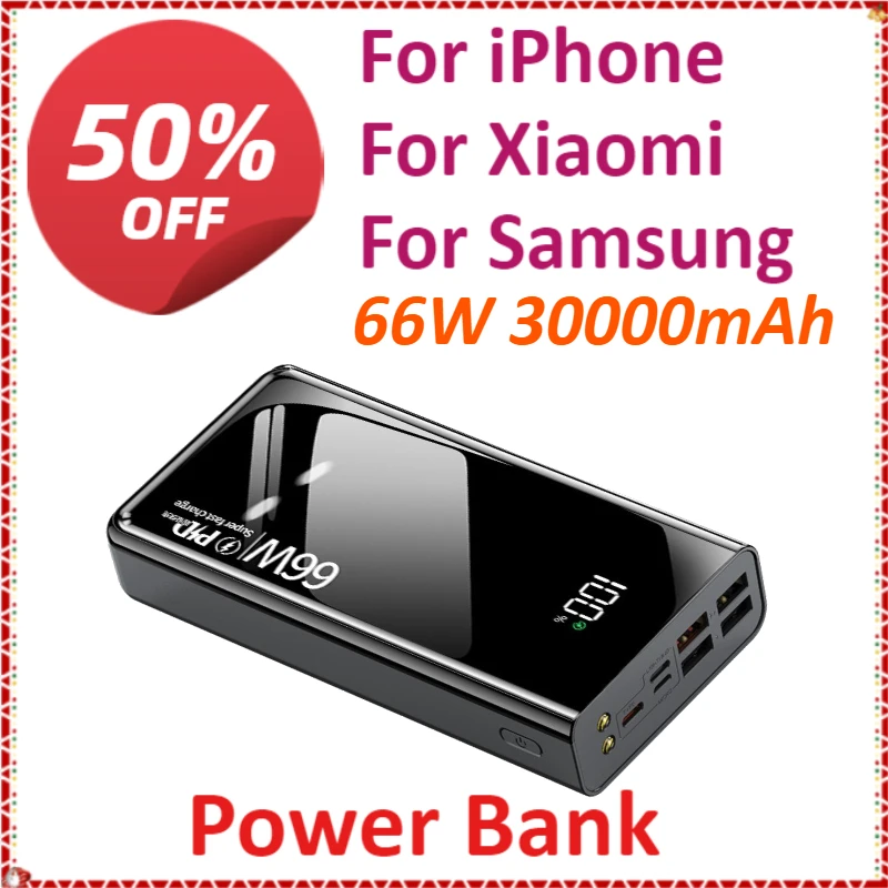 66W 30000mAh illuminating Power Bank Fast Charging For iPhone For Xiaomi For Samsung Large Capacity With LED Digital Display
