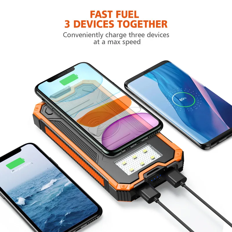 Solar Power Bank 20000mAh Waterproof Qi Wireless Charger Powerbank For iPhone 16 Samsung S25 Xiaomi Poverbank with Camping Light