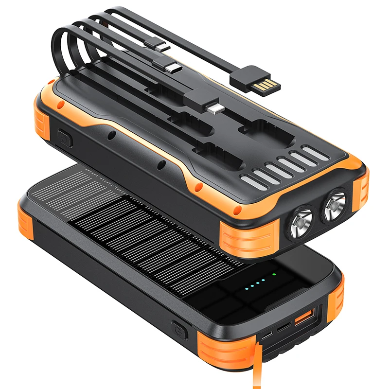20000mAh Solar Power Bank Waterproof External Battery 22.5W Fast Charger for iPhone 16 Samsung Xiaomi Powerbank with Cable Light