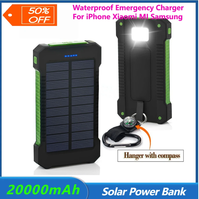 New 20000mAh Solar Power Bank Waterproof Emergency Charger External Battery Powerbank for IPhone Xiaomi MI Samsung LED SOS Light