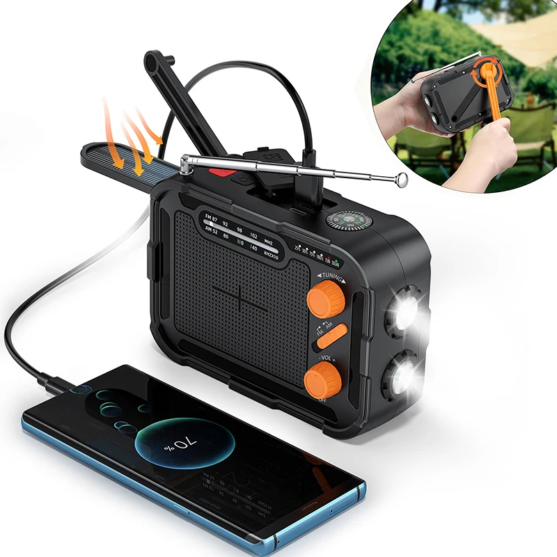 Hand Crank Solar Power Bank with AM FM Radio LED Light Waterproof Portable Charger for iPhone 16 Samsung Xiaomi External Battery