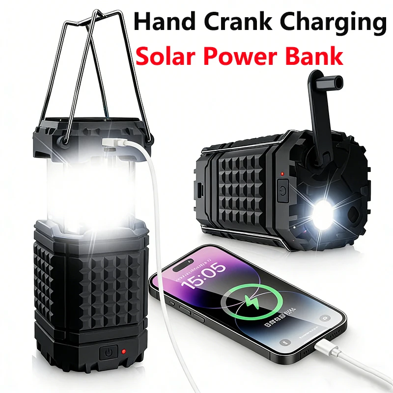 Hand Crank Solar Power Bank Waterproof LED Camping Light Portable Charger Powerbank for iPhone Samsung Xiaomi External Battery