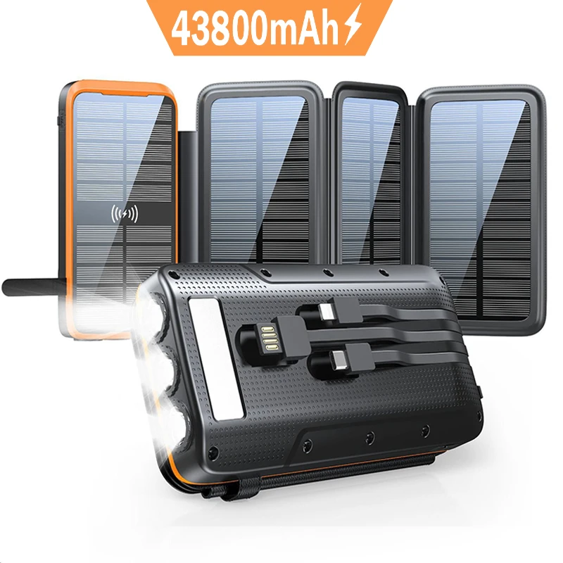 43800mAh Solar Power Bank PD20W Fast Wireless Charger for iPhone 15 Samsung Huawei Xiaomi Waterproof Portable Charging Powerbank