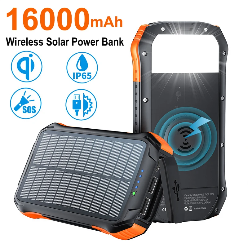 16000mAh Solar Power Bank Waterproof Qi Wireless Charger Powerbank for iPhone 17 Samsung S25 Xiaomi Poverbank with Camping Light