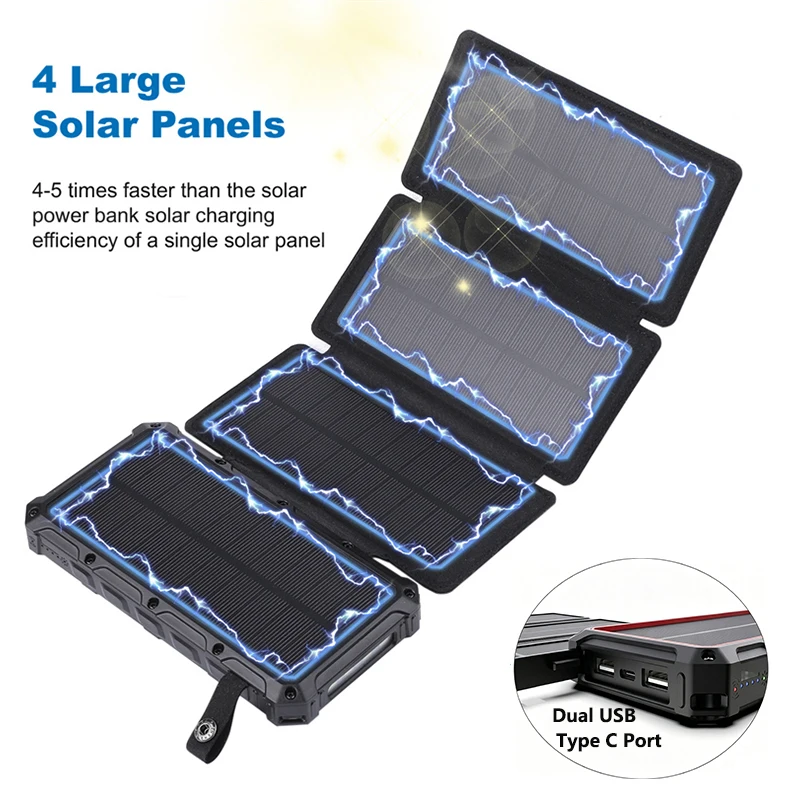 Solar Power Bank 20000mAh with 4 Solar Panel Camping Light Dual USB Type C Portable Charger Powerbank for iPhone Samsung Xiaomi