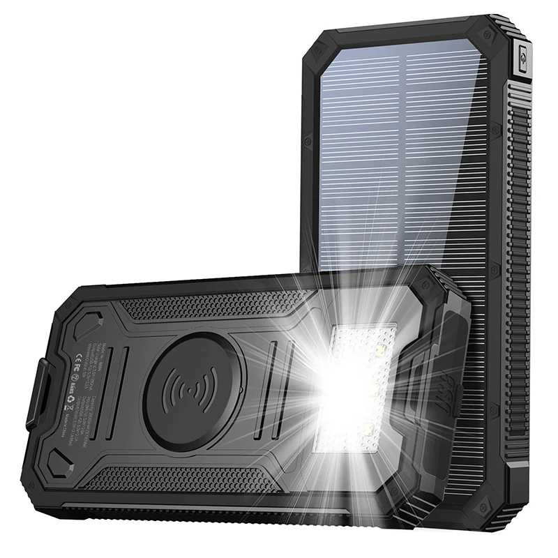 Wireless Solar Power Bank 20000mAh Waterproof External Battery Fast Charger for iPhone 16 Samsung Xiaomi Powerbank Camping Light