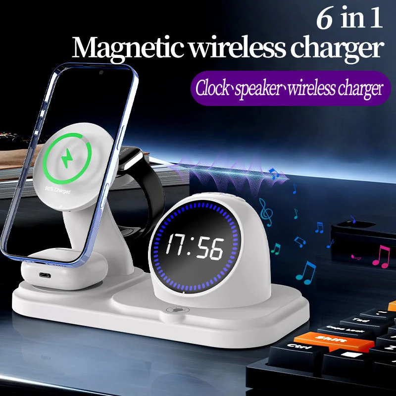 Office Accessories 6 in 1 Magnetic Wireless Charger With Clock Creative Synchronize Time Display With BT Speaker-White