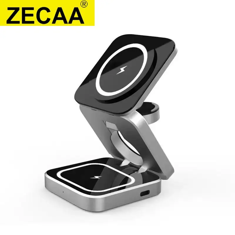 ZECAA Foldable Magnetic 15W Fast Charging Wireless Charger Stand For iPhone AirPods Apple Watch Samsung Watch Fast Charging