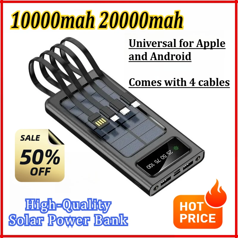 Ultra Capacity 10000mAh 20000mAh Solar Power Bank For iPhone for Samsung 4 in1 Super Fast Charging USB TypeC LED Light Outdoor