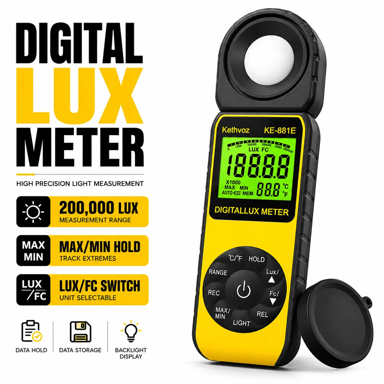 HP-881E Digital Luxmeter 0.1-300000 Lux Light Meter Backlight 270° Rotating Detector Portable Exposure Meter for LED Lights
