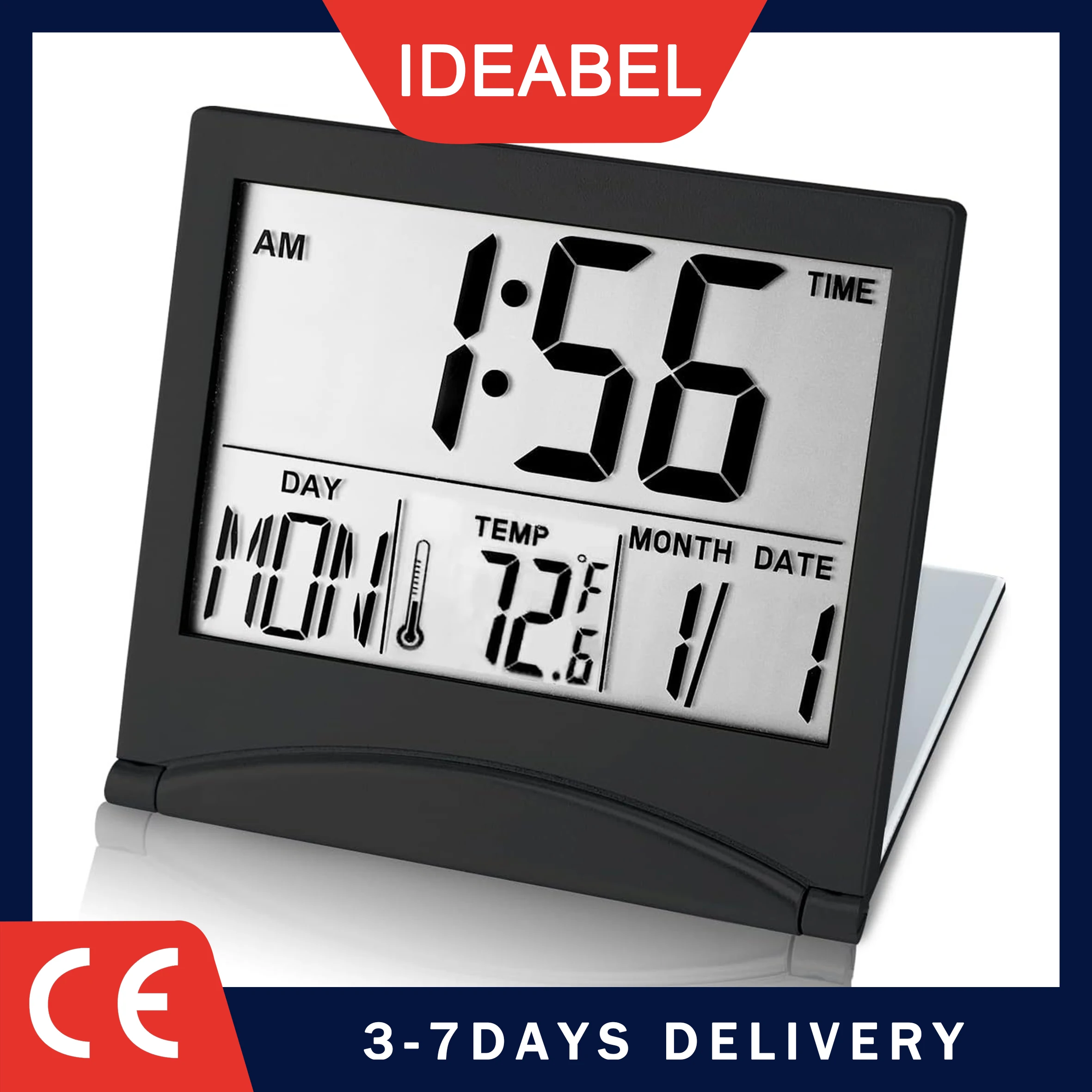 IDEABEL Digital Travel Alarm Clock Foldable LCD Clock with Calendar Temperature Snooze Mode Portable Display Desk Clock