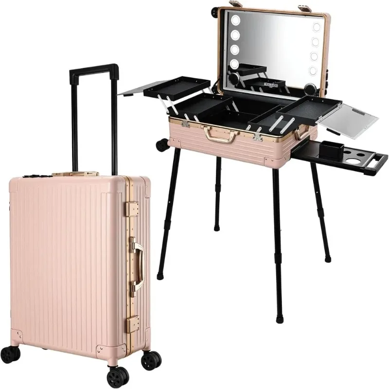 24'' Aluminum Trolley Rolling Makeup Train Case with LED Light Mirror Professional  Travel Box with Bluetooth Speaker Ma