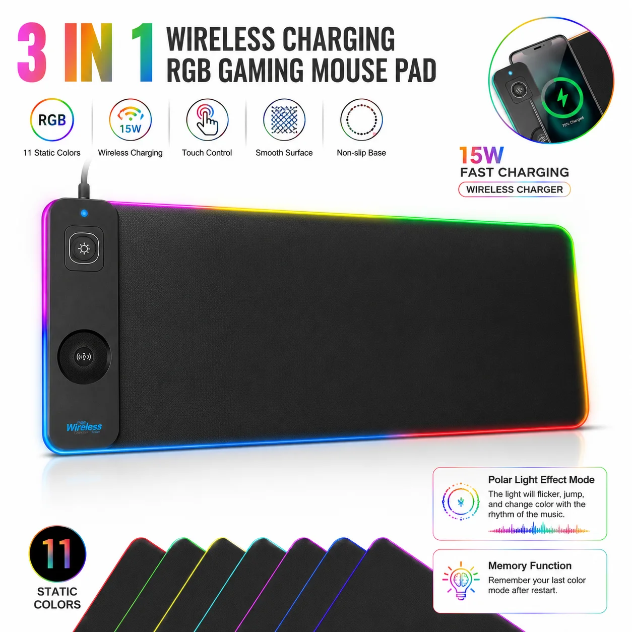 15W Fast Wireless Charging Mouse Pad, RGB Gaming Mousepad XXL Large, LED Extended Desk Mat with Qi Charger for PC Gamer, Office,