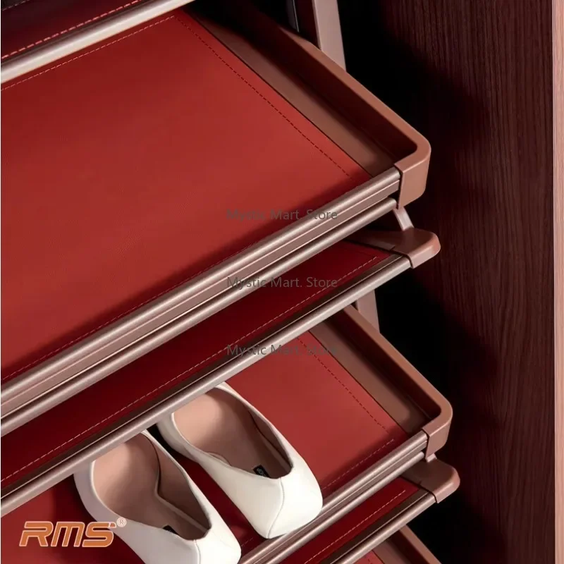 Entryway Rotating Shoe Rack - Mocha Red-Brown PU Leather Home Entrance Cabinet