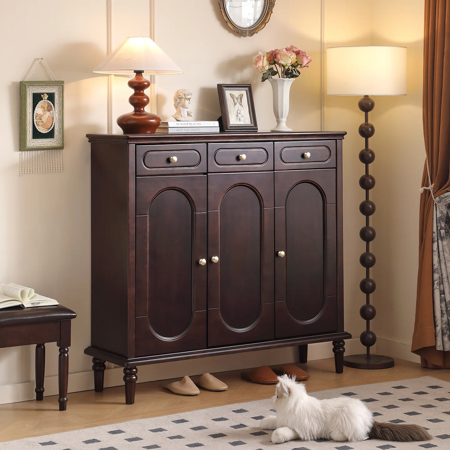 American Solid Wood Shoe Cabinet, Simple Home Wall Sideboard Cabinet Small Capacity Retro Country Large Capacity Entry Cabinet.