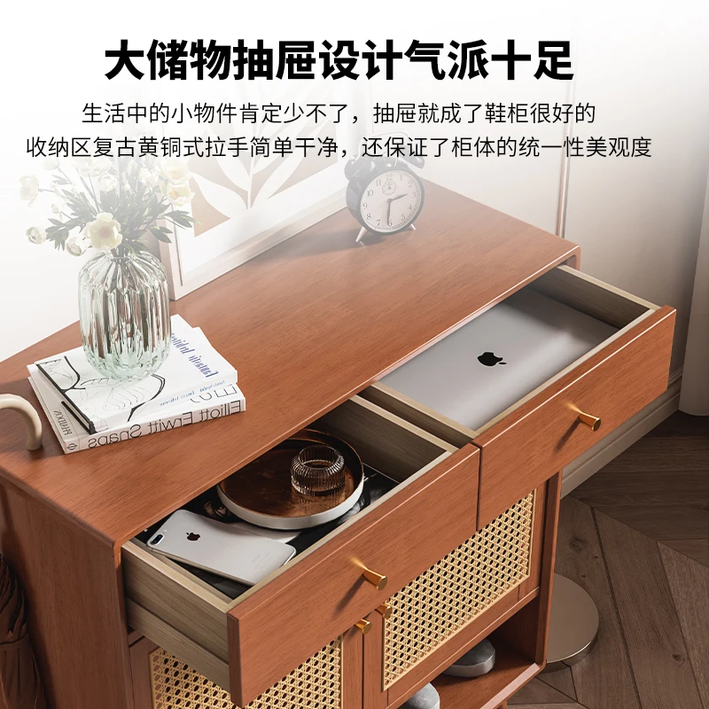 Gold Seller Solid wood rattan shoe cabinet, simple and modern home entrance, large-capacity Japanese storage entranc