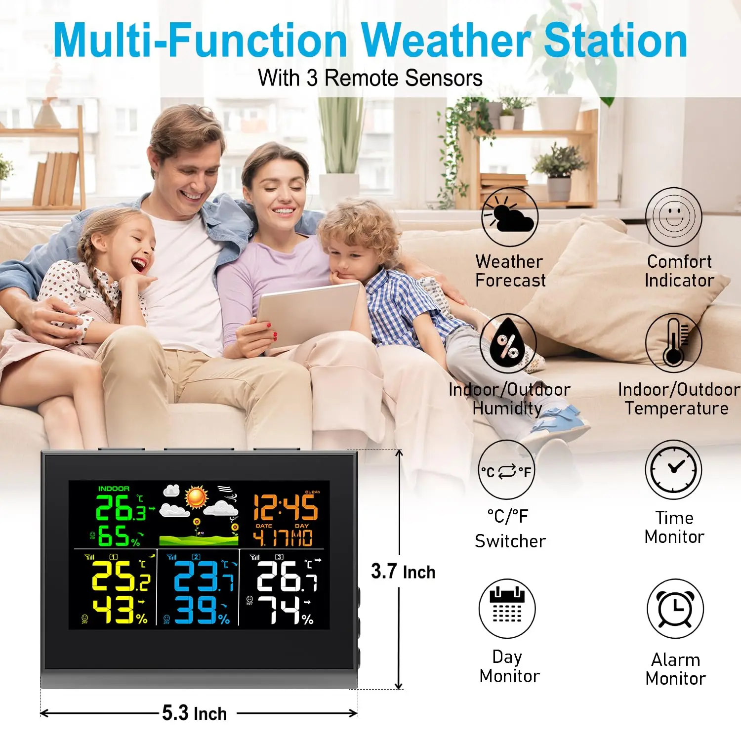 Smart Digital Weather Station Indoor Outdoor Wireless Thermometer Hygrometer with 3Sensors  Large Color Display, for Home Office