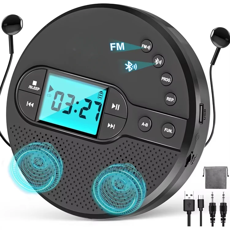 Portable CD Player with FM Transmitter and Wireless Speakers for Car 2000mAh Rechargeable CD Player