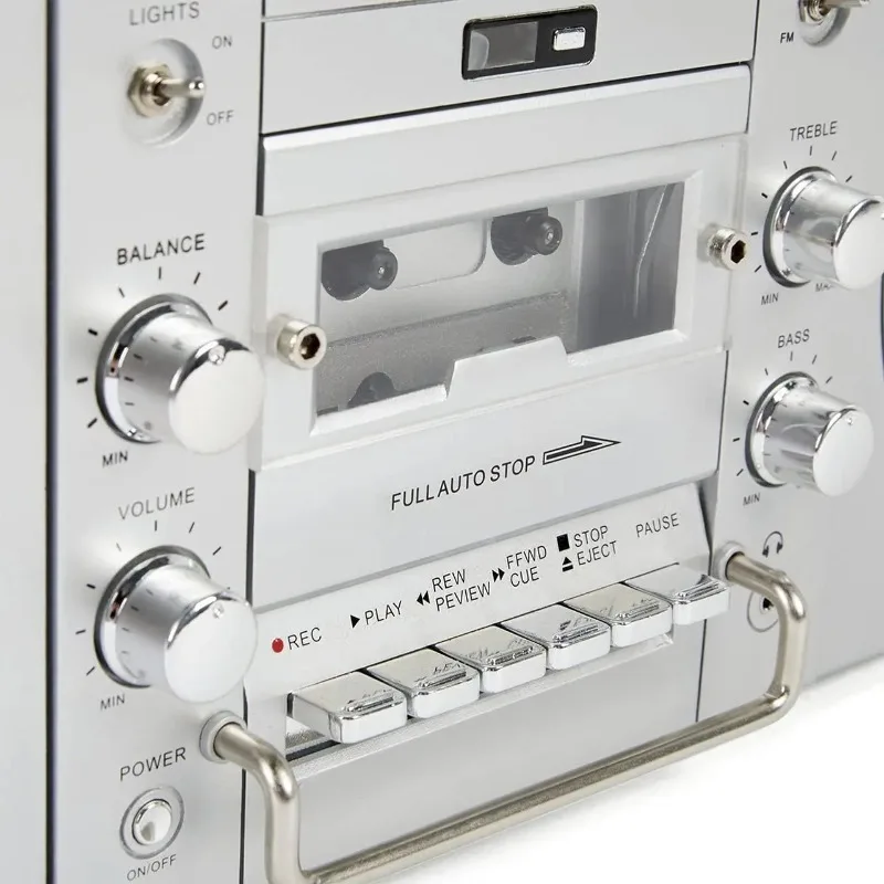1980s Style Boombox Silver with CD Player Cassette Player FM Radio USB Wireless Bluetooth Speaker for Home Decor