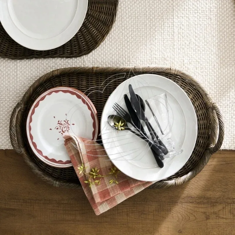 Handmade Woven Rattan Decor Tray with Handles for Home Storage