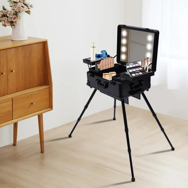 Aluminum Trolley Makeup Train Case with LED Lights Professional  Organizer Studio with Wheels for Travel