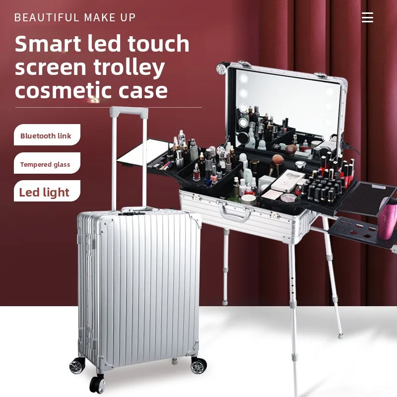 New aluminum-magnesium alloy cosmetic case with lamp Bluetooth trolley case 24-inch hair and makeup artist beauty suitcase