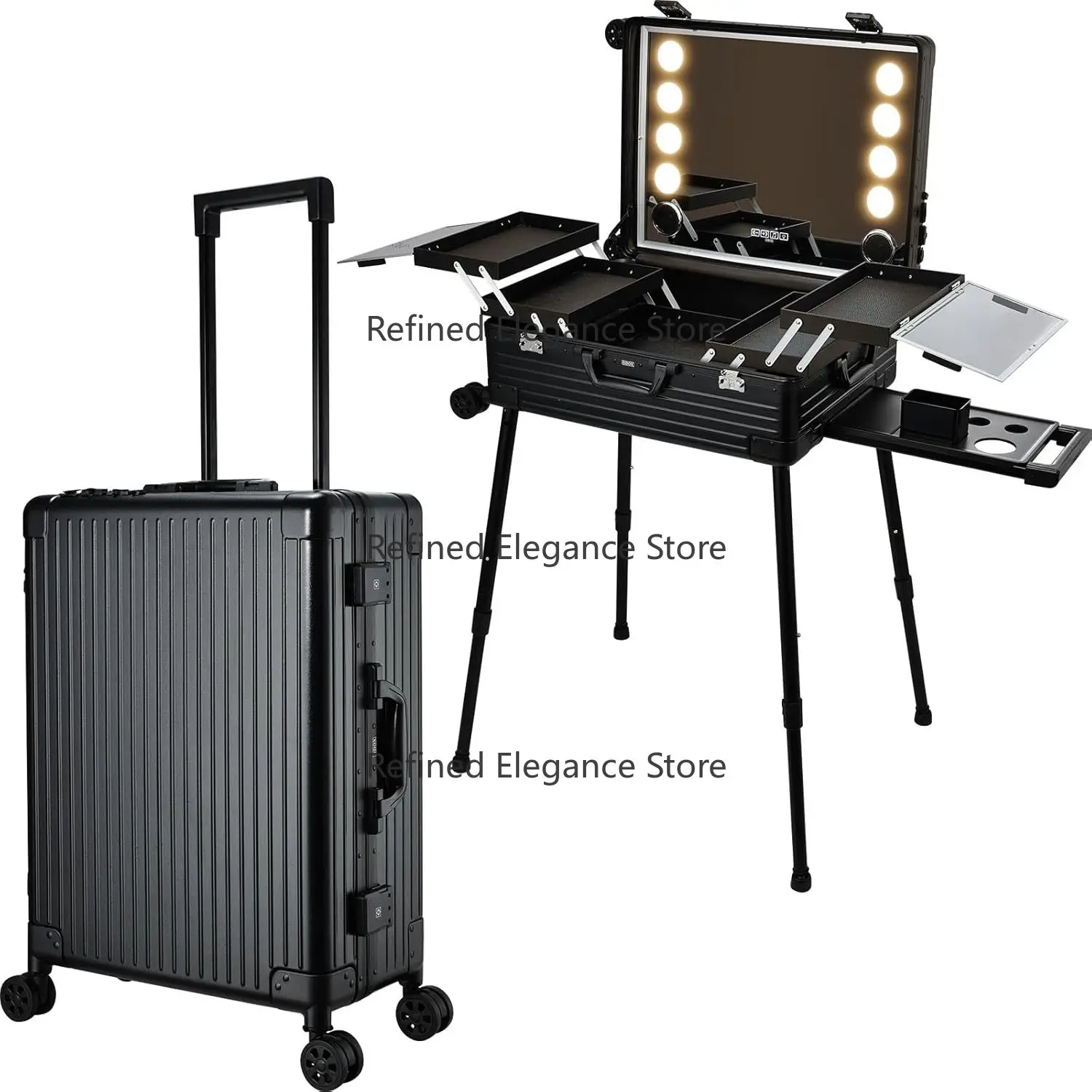 24'' Professional Makeup Box Large Cosmetology Train Case Trolley 8 LED Light Mirror Bluetooth Speaker Rolling Large Capacity