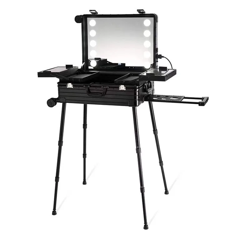 Aluminum-magnesium alloy cosmetic case with lamp, bluetooth trolley case, hair and makeup artist,