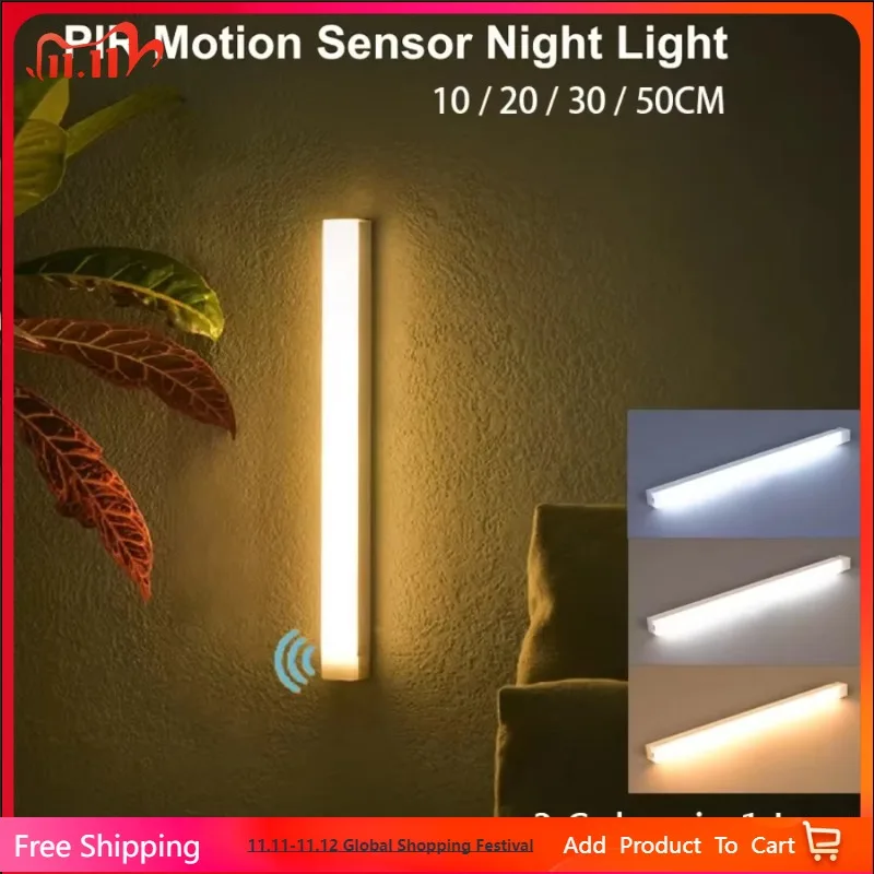 USB Rechargeable Wireless LED Bar Light with Motion Sensor Magnetic Night Light for Kitchen Portable Cordless Cabinet Lamp