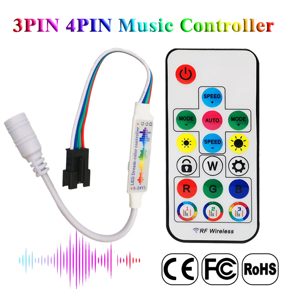 3Pin 4Pin 17Keys Mini Led Music Controller 358 Modes DC USB RF Remote For WS2812B WS2811 WS2813 WS2815 Strip Light Ring DC5-24V