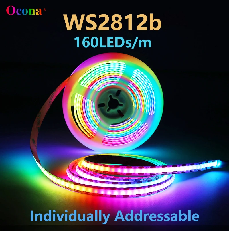 WS2812B IP65 DC5V SPI RGB-IC Strip Light 160LEDs Individually Addressable Smart Pixels Tape Light Black White Waterproof